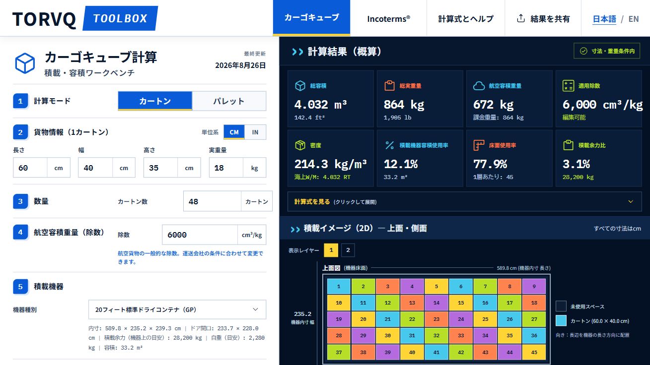 カーゴキューブ計算の入力欄、計算結果、積載イメージを表示した画面
